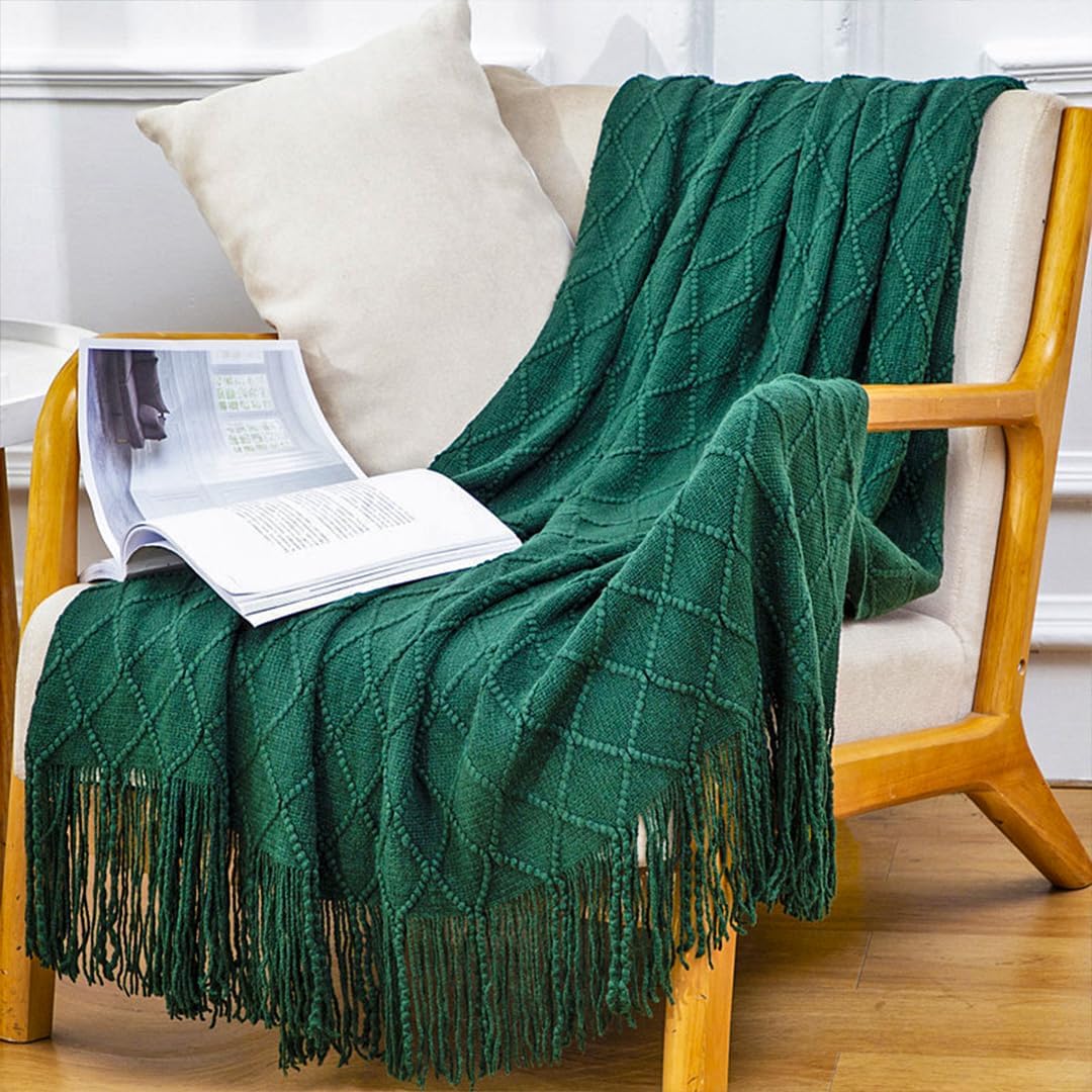 2X Green Diamond Pattern Knitted Throw Blanket Warm Cozy Woven Cover Couch Bed Sofa Home Decor with Tassels - Image 8