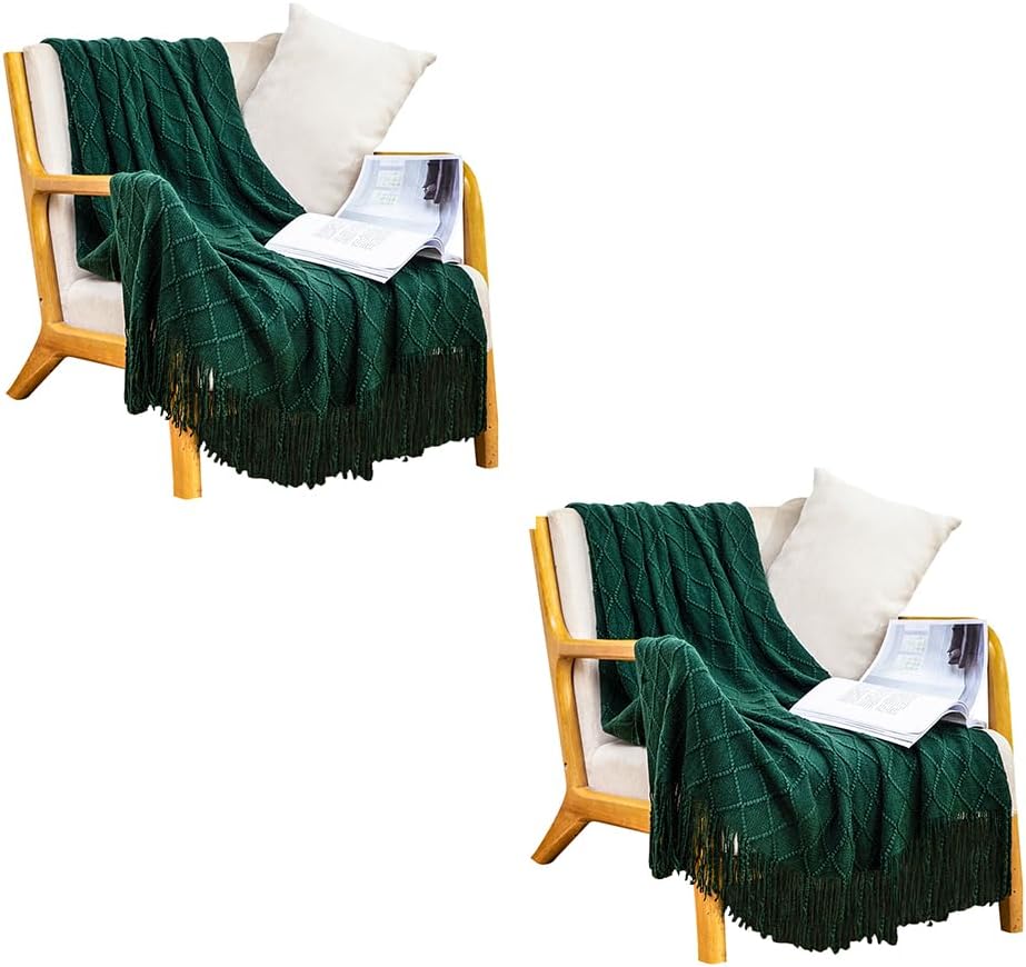 2X Green Diamond Pattern Knitted Throw Blanket Warm Cozy Woven Cover Couch Bed Sofa Home Decor with Tassels