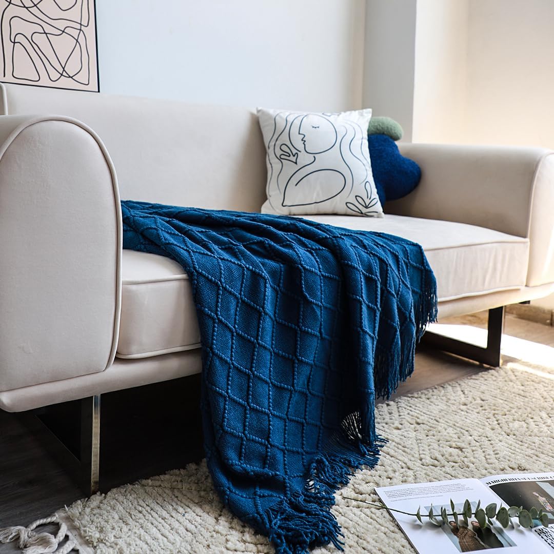 2X Royal Blue Diamond Pattern Knitted Throw Blanket Warm Cozy Woven Cover Couch Bed Sofa Home Decor with Tassels - Image 8