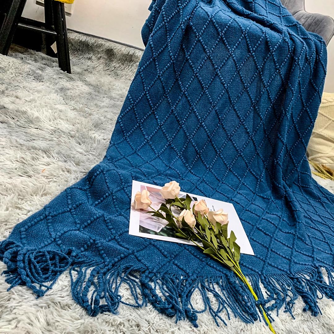2X Royal Blue Diamond Pattern Knitted Throw Blanket Warm Cozy Woven Cover Couch Bed Sofa Home Decor with Tassels - Image 9