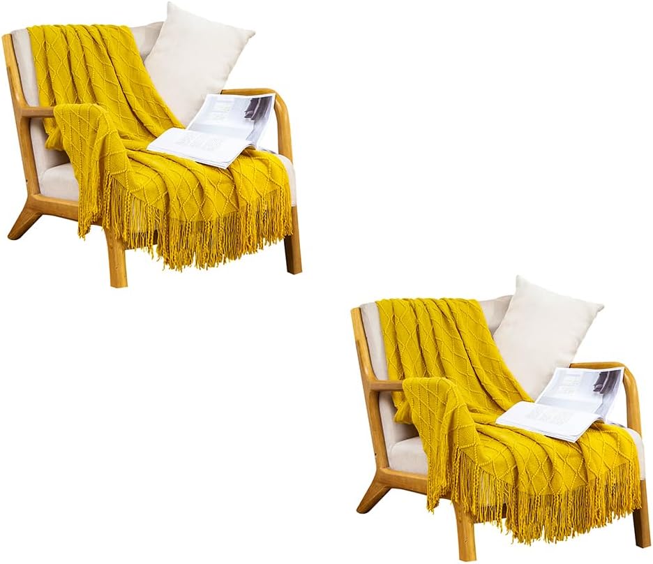 2X Yellow Diamond Pattern Knitted Throw Blanket Warm Cozy Woven Cover Couch Bed Sofa Home Decor with Tassels