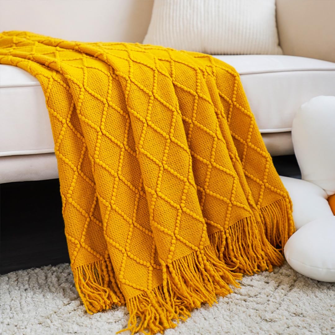 2X Yellow Diamond Pattern Knitted Throw Blanket Warm Cozy Woven Cover Couch Bed Sofa Home Decor with Tassels - Image 5