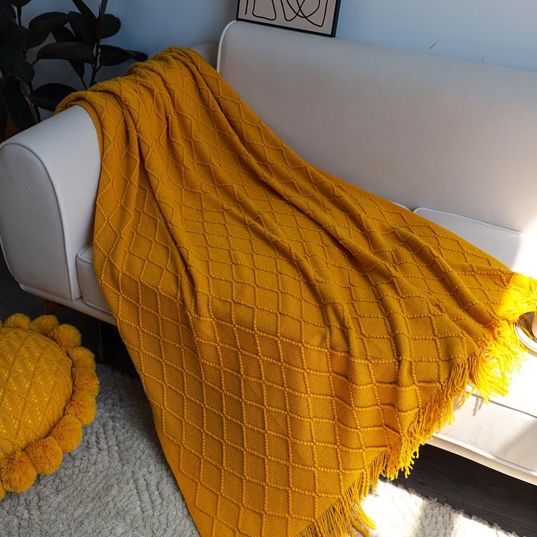 2X Yellow Diamond Pattern Knitted Throw Blanket Warm Cozy Woven Cover Couch Bed Sofa Home Decor with Tassels - Image 6