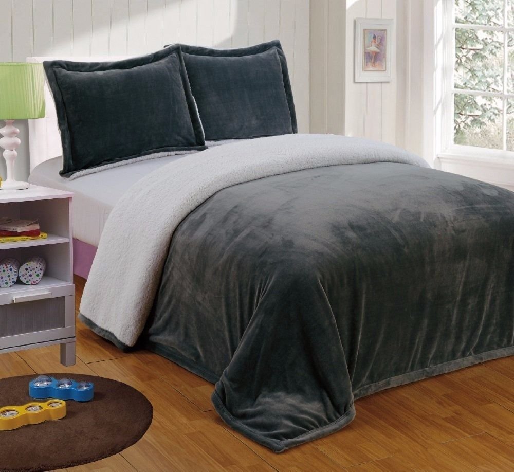 Collection Reversible Micro-Mink Sherpa Throw Blanket King, Gray