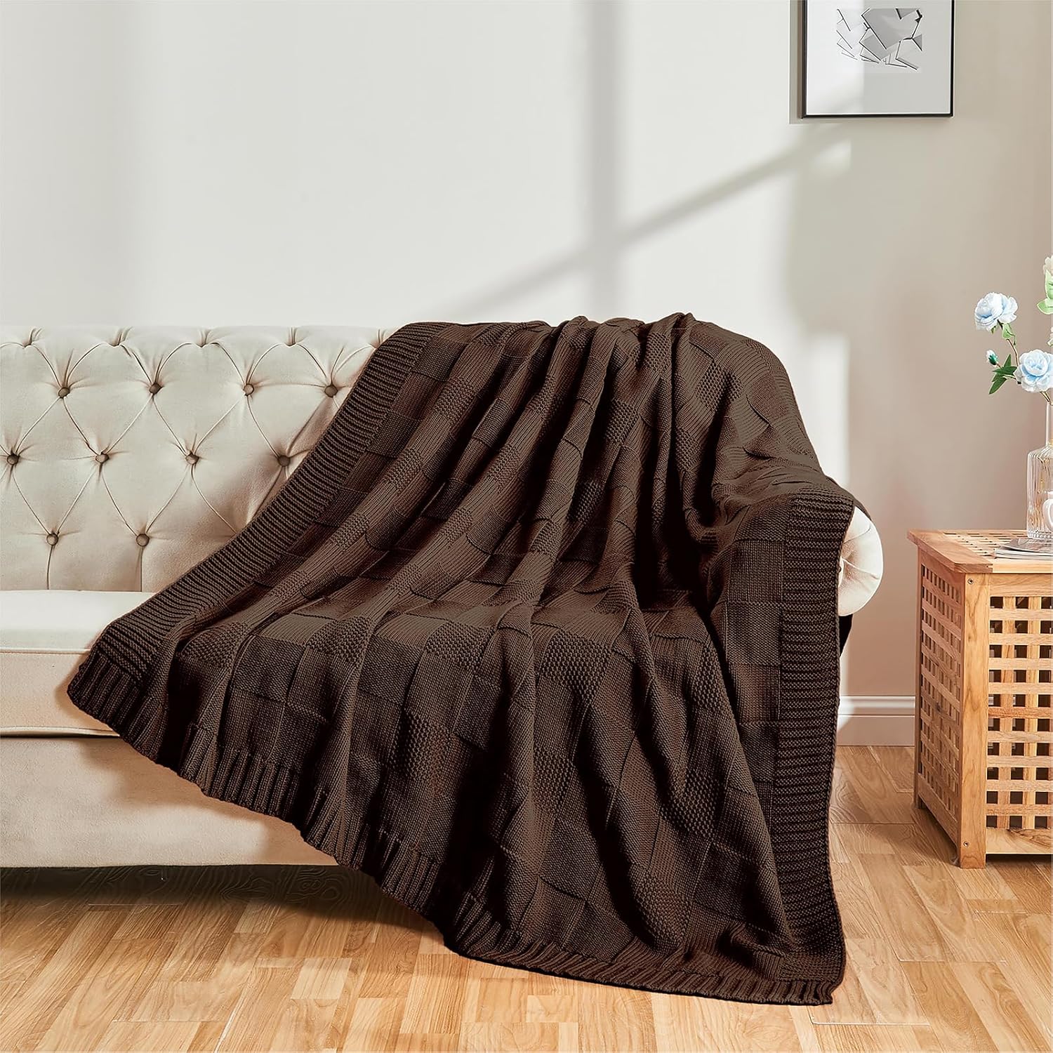 CozeCube Check Knit Throw Blanket, Dark Brown Checkered Throw for Couch, Decorative Christmas Soft Cozy Warm Knitted Blanket for Bed Sofa Living Room, 50"X60" - Image 4