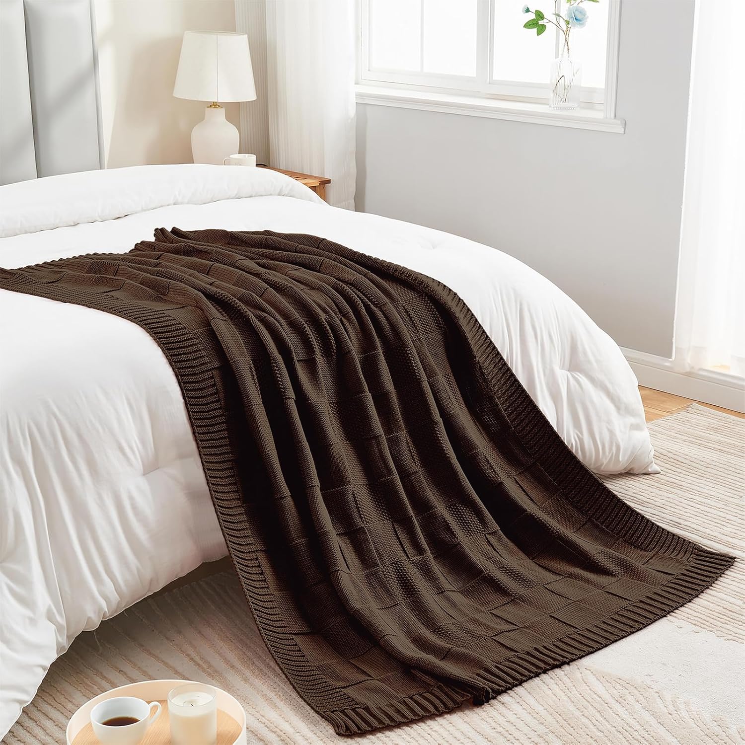 CozeCube Check Knit Throw Blanket, Dark Brown Checkered Throw for Couch, Decorative Christmas Soft Cozy Warm Knitted Blanket for Bed Sofa Living Room, 50"X60" - Image 7