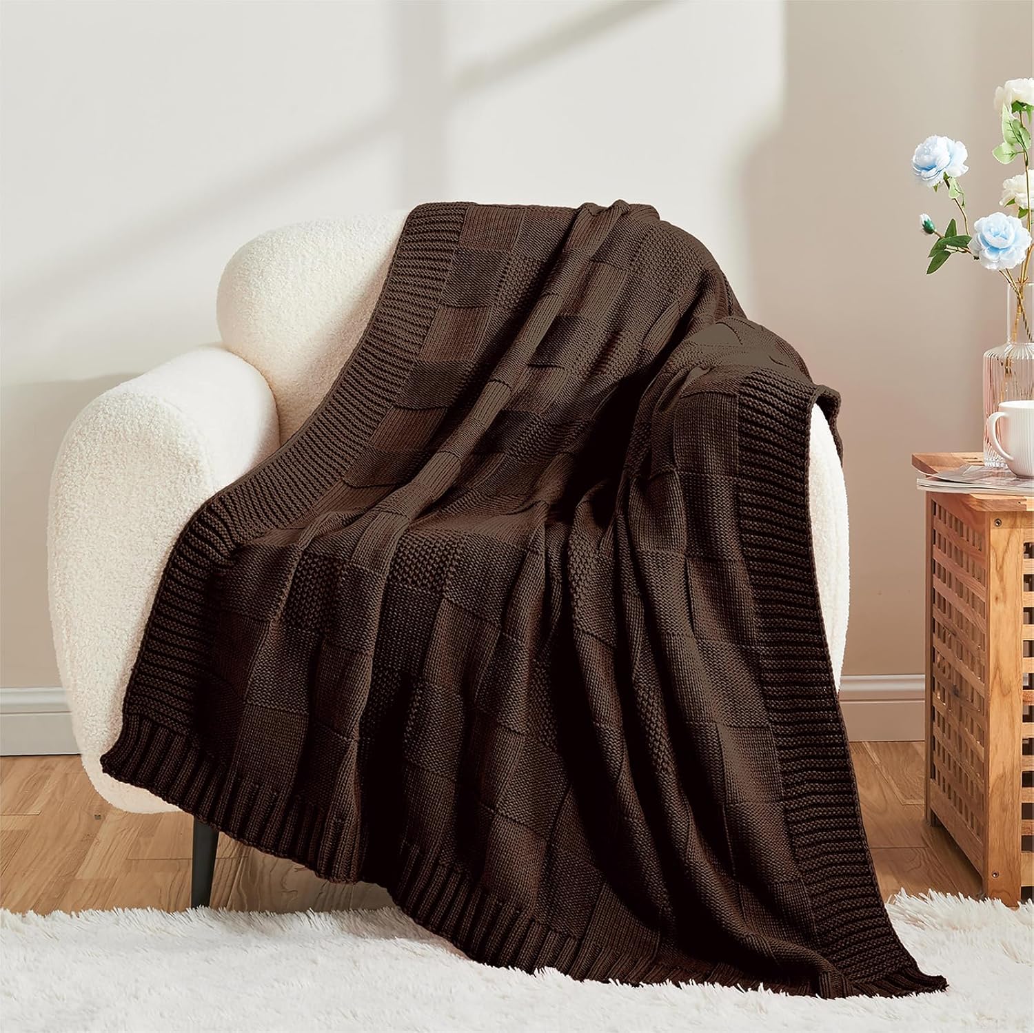 CozeCube Check Knit Throw Blanket, Dark Brown Checkered Throw for Couch, Decorative Christmas Soft Cozy Warm Knitted Blanket for Bed Sofa Living Room, 50"X60" - Image 3
