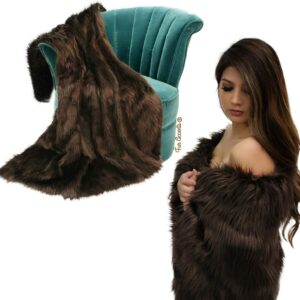 Fur Accents Sumptuous Faux Fur Throw Blanket, Walnut Brown Shag Fleece, Velvety Soft Minky Cuddle Fur Lining, Unisex Designer Blanket for Men, Women, Children, Soft Hand Made (Queen Size 90"x90")