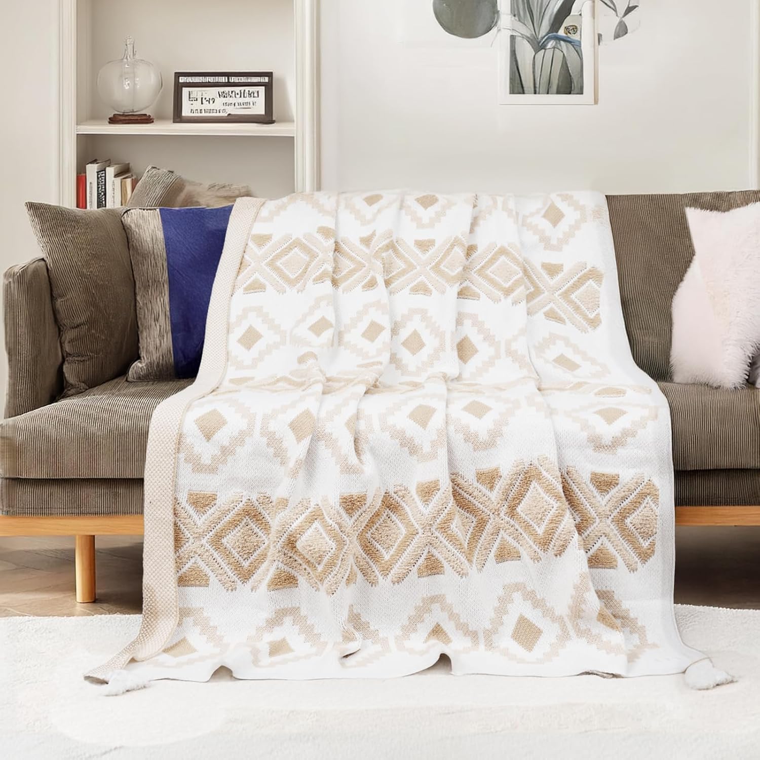 Larexius Boho Chunky Knit Throw Blanket \u2013 51"x67" Cozy & Lightweight (2.09lb) | Perfect for Sofa, Camping & WFH | Stylish Home Decor, Machine Washable & Ideal Gift for Women (Cream, Embroidery)