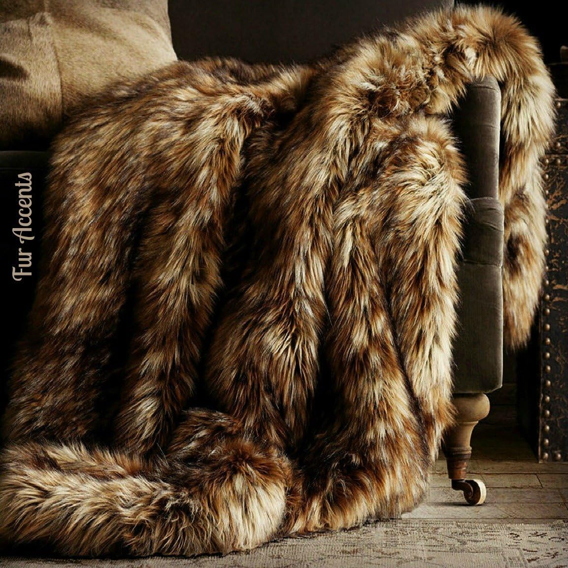 Premium Quality Faux Fur Medium Brown Wolf - Spotted Lynx - Faux Fur Throw Blanket - Luxuriously Thick and Soft - Minky Cuddle Fur Lining (King Duvet) - Image 2