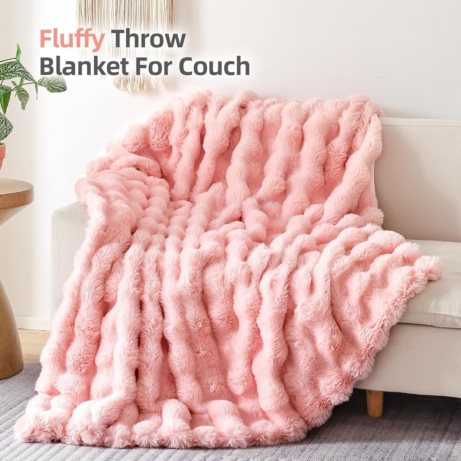 Smoofy Faux Fur Throw Blanket for Couch \u2013 Blush Pink Fluffy Cozy Rabbit Fleece, Plush Soft Bubble Blanket for Sofa & Bed, for Mom, Warm Fuzzy Home Room Decor Throw 50" x 60" - Image 3