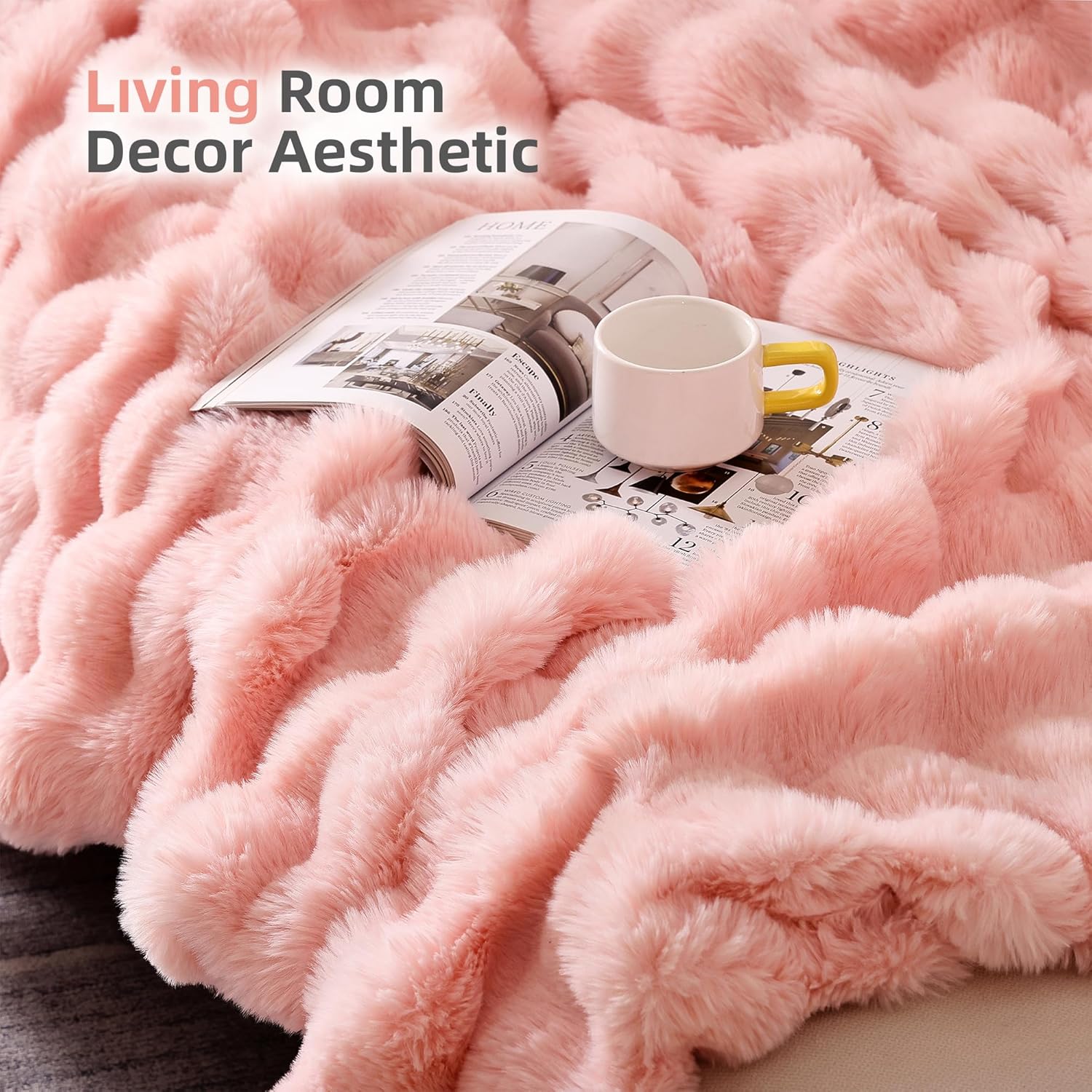 Smoofy Faux Fur Throw Blanket for Couch \u2013 Blush Pink Fluffy Cozy Rabbit Fleece, Plush Soft Bubble Blanket for Sofa & Bed, for Mom, Warm Fuzzy Home Room Decor Throw 50" x 60" - Image 6