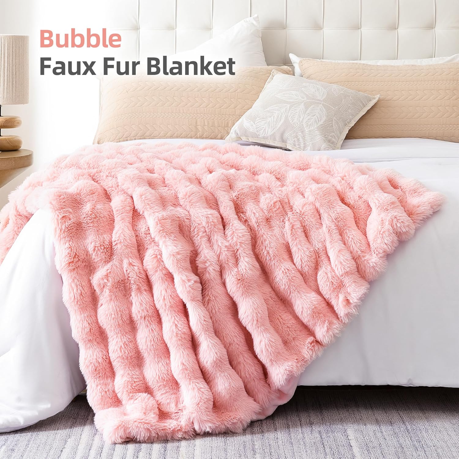 Smoofy Faux Fur Throw Blanket for Couch \u2013 Blush Pink Fluffy Cozy Rabbit Fleece, Plush Soft Bubble Blanket for Sofa & Bed, for Mom, Warm Fuzzy Home Room Decor Throw 50" x 60" - Image 2