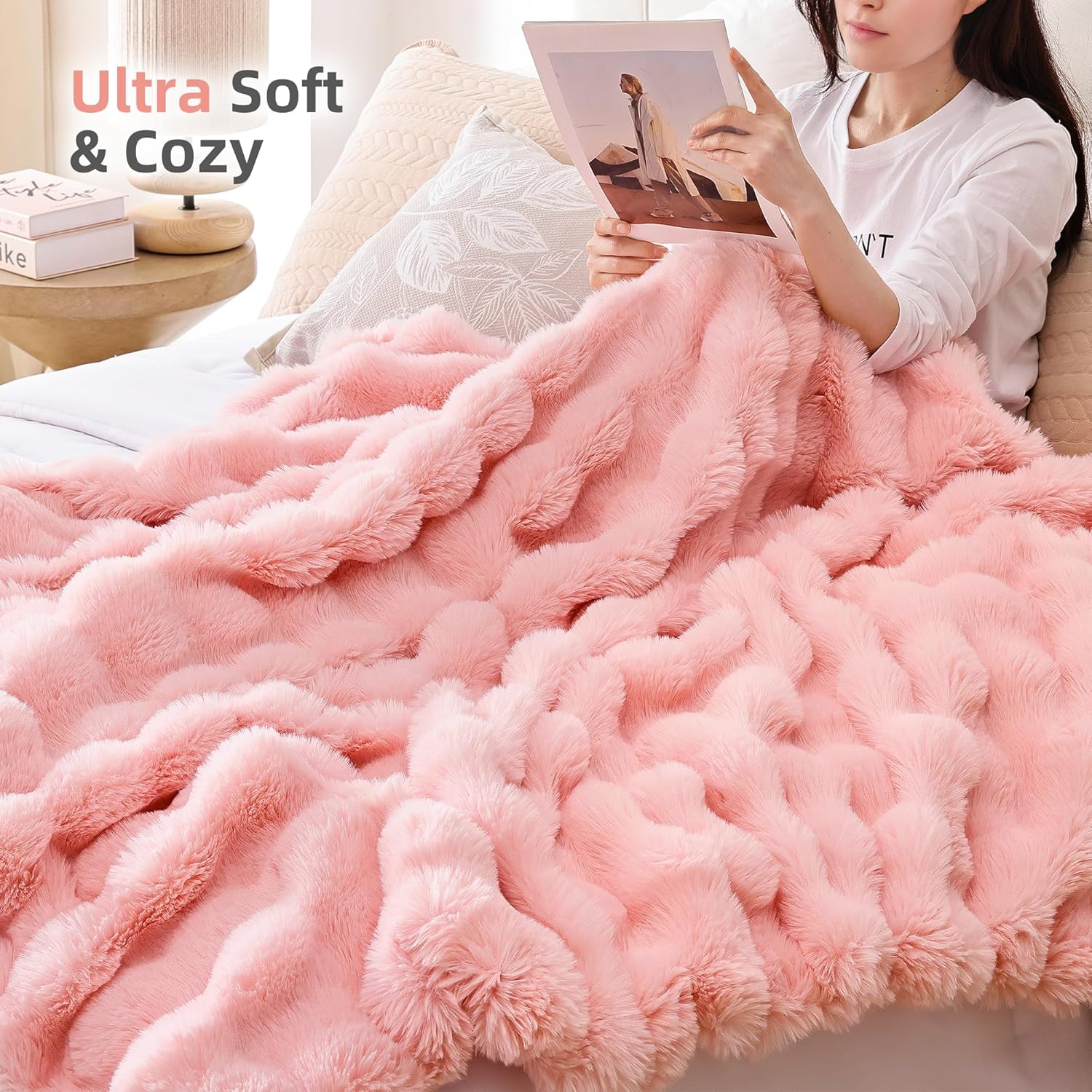 Smoofy Faux Fur Throw Blanket for Couch \u2013 Blush Pink Fluffy Cozy Rabbit Fleece, Plush Soft Bubble Blanket for Sofa & Bed, for Mom, Warm Fuzzy Home Room Decor Throw 50" x 60" - Image 4