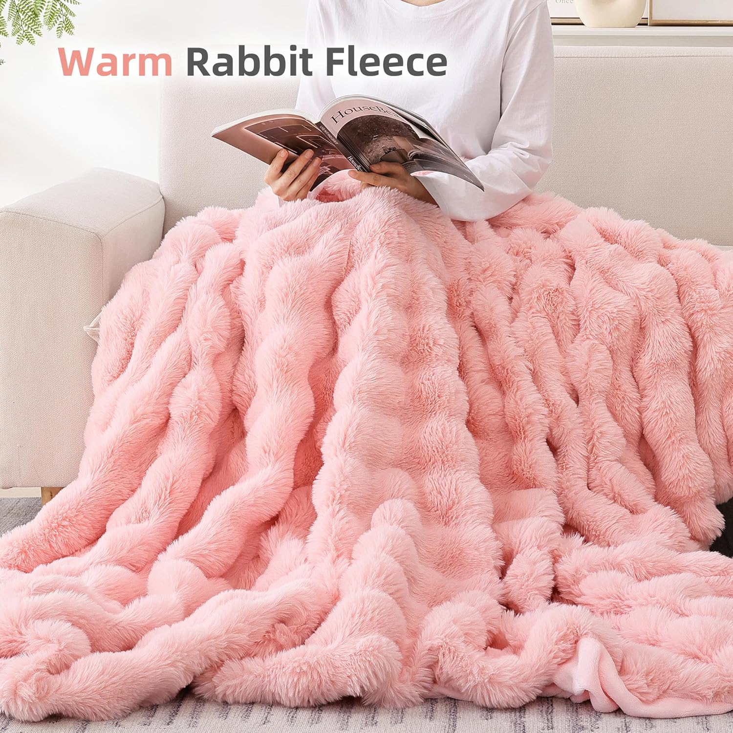 Smoofy Faux Fur Throw Blanket for Couch \u2013 Blush Pink Fluffy Cozy Rabbit Fleece, Plush Soft Bubble Blanket for Sofa & Bed, for Mom, Warm Fuzzy Home Room Decor Throw 50" x 60" - Image 5